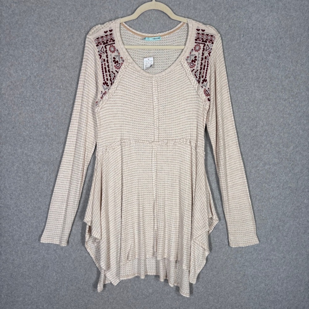 Maurices Babydoll Waffle Knit Top XL Cream Embroidered Thermal Tunic Boho Flowy
